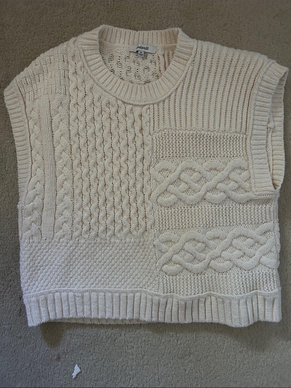 Madewell patchwork cable knit cream color crew neck sweater/vest XS